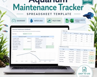 Aquarium Maintenance Tracker Spreadsheet, Fish Tank Water Log, Water Test Log, Excel Google Sheets Dashboard