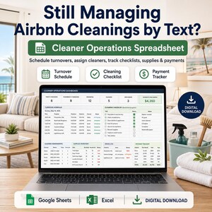Airbnb Turnover Spreadsheet, Cleaning Schedule, Cleaner Assignments, Checklist, Restock and Payment Tracker, Google Sheets Excel