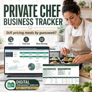 Könnte beinhalten: Eine digitale Tabellenvorlage für die Geschäftsverfolgung eines Privatkochs, kompatibel mit Excel und Google Sheets. Die Benutzeroberfläche zeigt Finanzdaten, Einnahmen, Lebensmittelkosten und Menüplanungstools auf einem Laptop-Bildschirm.