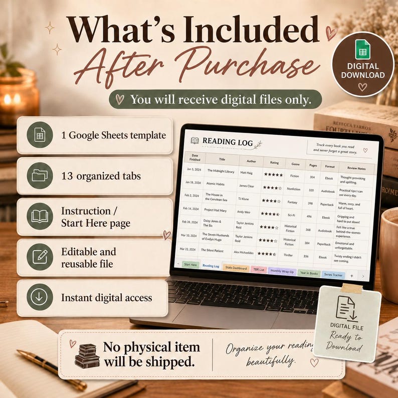 K&ouml;nnte beinhalten: Ein Laptop zeigt ein digitales Leseprotokoll mit dem Text &bdquo;READING LOG&ldquo;. Das Bild enth&auml;lt auch eine Grafik zum digitalen Download und den Text &bdquo;What's Included After Purchase&ldquo;. Das Bild enth&auml;lt eine Google Sheets-Vorlage und 13 organisierte Registerkarten.