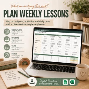 Op de afbeelding: Een digitale weekplanner voor lessen op een laptopscherm, met een raster voor vakken en dagelijkse taken. De interface bevat tekst voor weekplanning, vakorganisatie en status bijhouden, compatibel met Google Sheets en Excel.