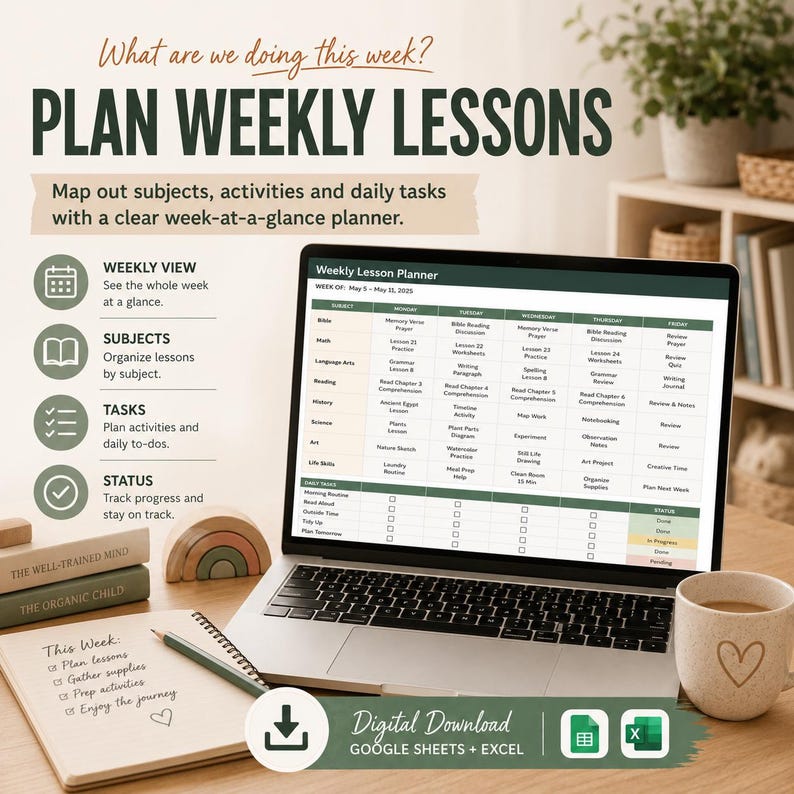 Op de afbeelding: Een digitale weekplanner voor lessen op een laptopscherm, met een raster voor vakken en dagelijkse taken. De interface bevat tekst voor weekplanning, vakorganisatie en status bijhouden, compatibel met Google Sheets en Excel.