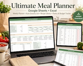 Meal Planner Spreadsheet for Google Sheets and Excel, Automated Grocery List, Recipe Library, Pantry & Budget Tracker