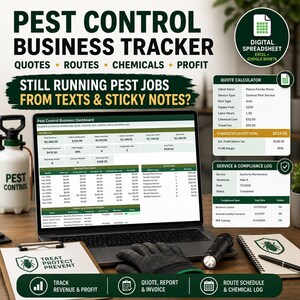 May include: A digital pest control business tracker spreadsheet displayed on a laptop screen, featuring sections for quotes, routes, chemicals, and profit. The interface includes a dashboard, a quote calculator, and a service and compliance log.