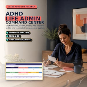 Könnte beinhalten: Ein digitaler 16-Tab-ADHS-Lebensplaner mit dem Titel ADHD LIFE ADMIN COMMAND CENTER. Die Benutzeroberfläche enthält Bereiche für offene Aufgaben, Prioritäten, Brain Dump, Gewohnheiten, Haushaltspflichten und Kontostand, kompatibel mit Google Sheets und Excel.