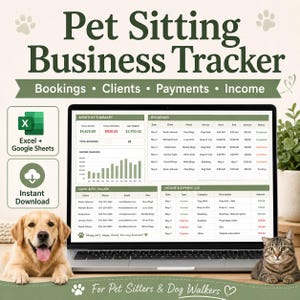Könnte beinhalten: Ein Laptop zeigt einen Business-Tracker für die Betreuung von Haustieren mit Datentabellen und Diagrammen. Der Bildschirm zeigt Einnahmen, Buchungen und Kundeninformationen. Ein Golden Retriever und eine getigerte Katze sind vor dem Laptop.