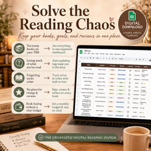 K&ouml;nnte beinhalten: Ein Laptop zeigt ein digitales Lesesystem mit einer Tabellenkalkulations-Oberfl&auml;che mit dem Titel "TBR List". Das Bild enth&auml;lt B&uuml;cher, eine Kaffeetasse und Text mit der Aufschrift "Solve the Reading Chaos" und "Digital Download."