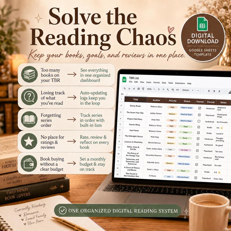K&ouml;nnte beinhalten: Ein Laptop zeigt ein digitales Lesesystem mit einer Tabellenkalkulations-Oberfl&auml;che mit dem Titel "TBR List". Das Bild enth&auml;lt B&uuml;cher, eine Kaffeetasse und Text mit der Aufschrift "Solve the Reading Chaos" und "Digital Download."
