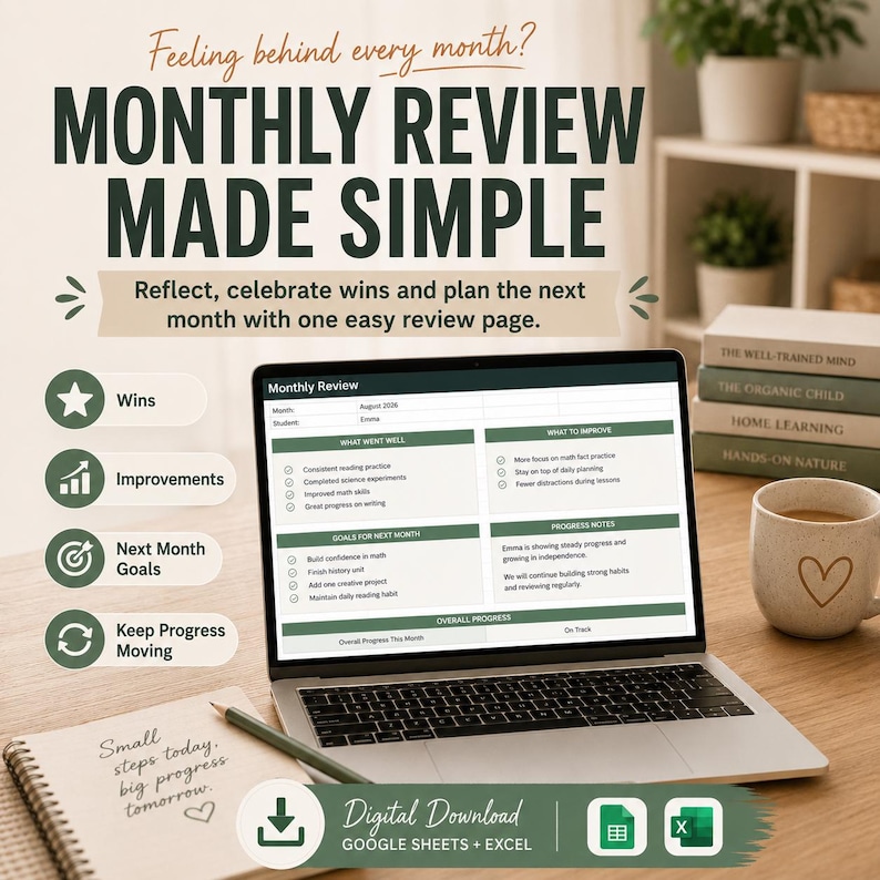 Op de afbeelding: Een digitaal maandelijks overzichtssjabloon op een laptopscherm, met secties voor successen, verbeteringen en doelen. De tekst luidt Monthly Review Made Simple, Digital Download Google Sheets + Excel en Small steps today, big progress tomorrow.
