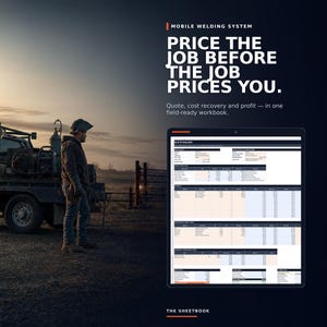 May include: A digital workbook titled Mobile Welding System featuring the text Price the job before the job prices you. The workbook displays a quote builder spreadsheet with columns for job details, labor, materials, and profit margins on a tablet screen.