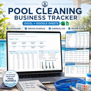 Könnte beinhalten: Ein Laptop zeigt einen Poolreinigungs-Business-Tracker mit Excel- und Google Sheets-Integration. Der Bildschirm zeigt Finanzdaten, Servicepläne und Chemikalienprotokolle. Ein Notizblock mit "Mehr Kunden, mehr Jobs, mehr Gewinn" liegt daneben.