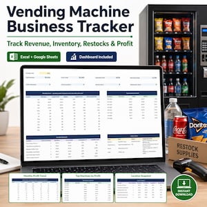 Può includere: Un tracker aziendale digitale per distributori automatici visualizzato su uno schermo di un portatile, con tabelle per ricavi, inventario e profitti. L'interfaccia include compatibilità con Excel e Google Sheets e il testo Vending Machine Business Tracker.