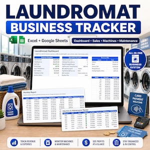 Könnte beinhalten: Ein Laptop zeigt einen Waschsalon-Business-Tracker mit Finanzdaten, Verkäufen und Informationen zur Maschinenwartung. Das Bild enthält eine Flasche Waschmittel, ein Kartenzahlsystem und eine Wäschewertkarte. Der Text lautet "Laundromat Business Tracker."