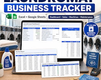 Laundromat Business Tracker Excel Google Sheets, Wash & Fold Spreadsheet, Coin Laundry Maintenance Dashboard