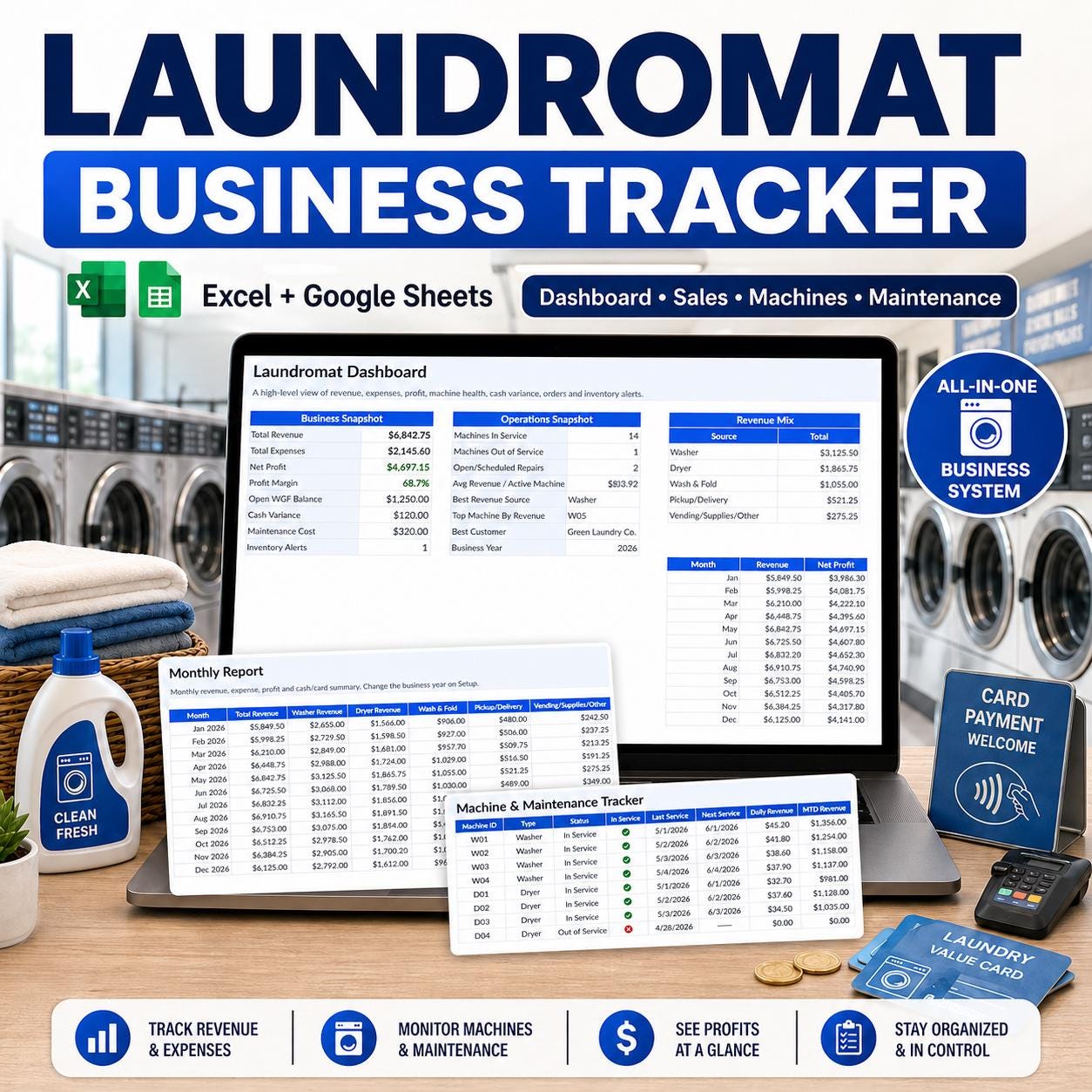 Laundromat Business Tracker Excel Google Sheets, Wash & Fold Spreadsheet, Coin Laundry Maintenance Dashboard