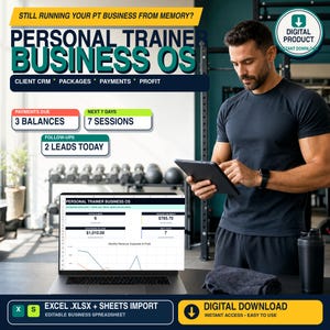 Könnte beinhalten: Eine digitale Produktwerbung für eine Personal Trainer Business OS Tabellenkalkulation. Die Grafik zeigt Text wie Client CRM, Packages, Payments, Profit und Dashboard-Metriken wie 3 Balances, 7 Sessions und 2 Leads Today auf einem Laptop.