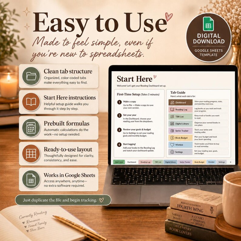 K&ouml;nnte beinhalten: Ein Laptop zeigt eine digitale Tabellenvorlage mit dem Text &bdquo;Easy to Use&ldquo;. Das Bild enth&auml;lt einen Stapel B&uuml;cher, eine Tasse Kaffee und einen Stift. Die Vorlage verf&uuml;gt &uuml;ber eine &uuml;bersichtliche Tabellenstruktur, vorgefertigte Formeln und ein sofort einsatzbereites Layout.