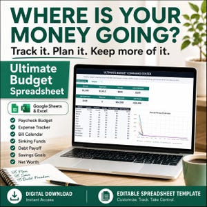 Könnte beinhalten: Ein Laptop zeigt eine Ultimate Budget Command Center Tabellenkalkulation mit Einnahmen-, Ausgaben- und Spardaten. Der Text lautet: WHERE IS YOUR MONEY GOING? Track it. Plan it. Keep more of it. Ultimate Budget Spreadsheet. Google Sheets & Excel.