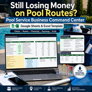 Pool Service Business Tracker Google Sheets Excel Template, Route Planner, Chemical Log, Client CRM & Profit Dashboard