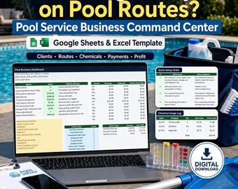 Pool Service Business Tracker Google Sheets Excel Template, Route Planner, Chemical Log, Client CRM & Profit Dashboard