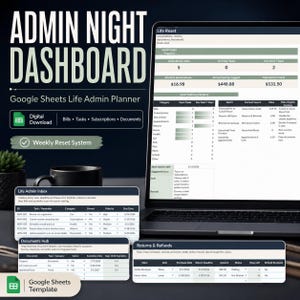 Könnte beinhalten: Eine digitale Dashboard-Vorlage für Google Sheets mit der Bezeichnung "Admin Night Dashboard". Das Bild zeigt einen Laptop-Bildschirm mit einem Life-Admin-Planer, einschließlich Abschnitten für Aufgaben, Abonnements und Dokumente. Eine schwarze Tasse ist ebenfalls sichtbar.