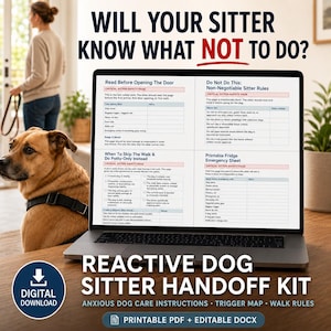 Könnte beinhalten: Ein Laptop-Bildschirm zeigt ein Reactive Dog Sitter Handoff Kit mit Abschnitten wie Read Before Opening The Door, Do Not Do This, When To Skip The Walk und Printable Fridge Emergency Sheet. Der Text fragt Will Your Sitter Know What Not To Do?