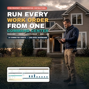Könnte beinhalten: Eine digitale Werbeanzeige für Immobilieninstandhaltungsunternehmen mit dem Text: RUN EVERY WORK ORDER FROM ONE COMMAND CENTER. DEADLINES, CREWS, PHOTO PROOF, BIDS, A/R. 14 CONNECTED SHEETS, LIVE EXCEL DASHBOARD. Enthält eine Grafik eines Daten-Dashboards.