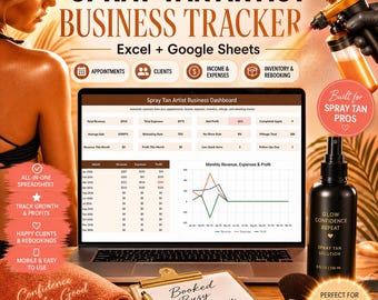 Spray Tan Artist Business Tracker Spreadsheet, Mobile Tan Artist Client Appointment Formula Tracker, Excel Google Sheets