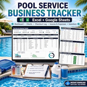 Könnte beinhalten: Ein Laptop zeigt einen Pool-Service-Business-Tracker mit Finanzdaten. Das Bild enthält ein Klemmbrett mit Aufzählungspunkten, Poolchemikalien und ein Netz. Der Text lautet "POOL SERVICE BUSINESS TRACKER" und "Excel + Google Sheets."