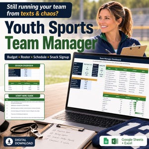 May include: A digital youth sports team manager template for Google Sheets and Excel. The display shows a dashboard with budget, roster, and schedule tracking. Includes a season overview, start here guide, and a clipboard with handwritten notes.