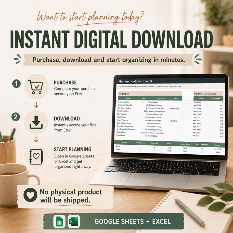 Op de afbeelding: Een digitaal homeschool dashboard sjabloon weergegeven op een laptopscherm. De afbeelding bevat tekst met Instant Digital Download, Purchase, Download, Start Planning en No physical product will be shipped, met Google Sheets en Excel iconen.