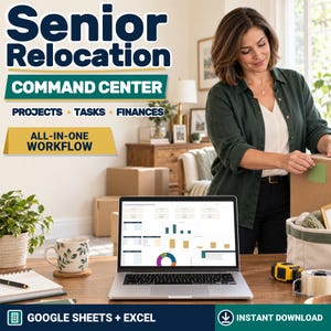Könnte beinhalten: Eine digitale Senior Relocation Command Center Vorlage für Google Sheets und Excel. Der Bildschirm zeigt Dashboards zur Verfolgung von Projekten, Aufgaben und Finanzen mit Diagrammen. Der Text umfasst Senior Relocation Command Center, Projects, Tasks, Finances, All-in-One Workflow und Google Sheets + Excel.