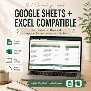 Op de afbeelding: Een laptopscherm toont een Homeschool Dashboard-spreadsheet met kolommen voor jaarvoortgang en maandelijkse uren. De tekst bovenaan luidt Google Sheets + Excel Compatible. Iconen geven de compatibiliteit aan met Google Sheets en Microsoft Excel.