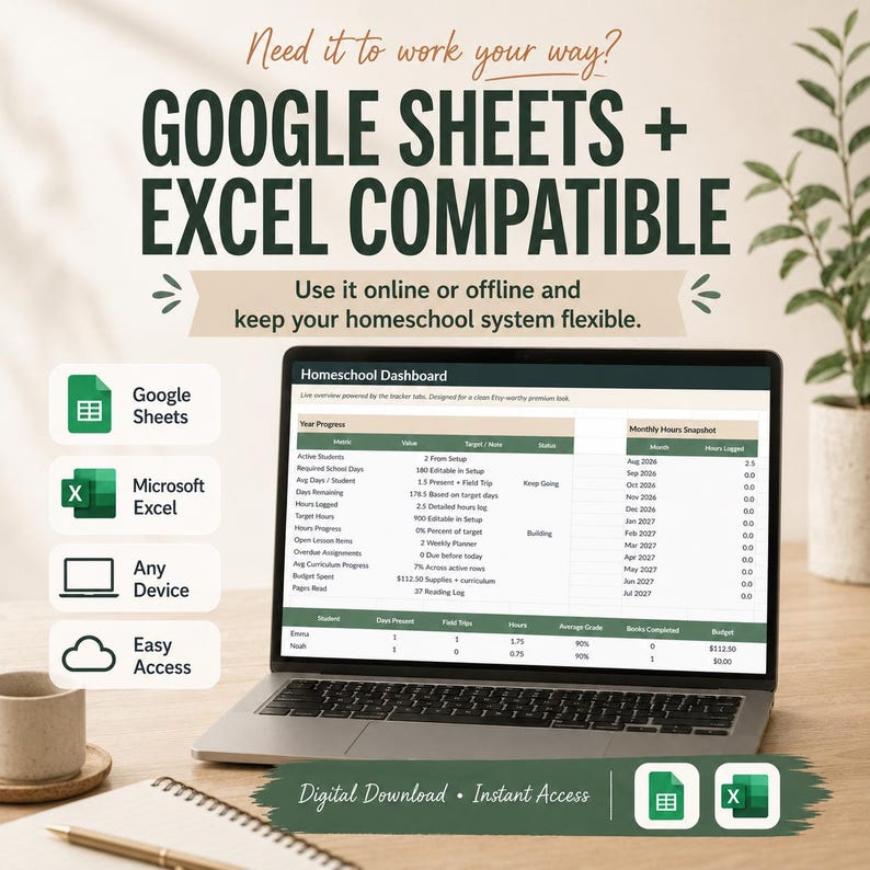 Op de afbeelding: Een laptopscherm toont een Homeschool Dashboard-spreadsheet met kolommen voor jaarvoortgang en maandelijkse uren. De tekst bovenaan luidt Google Sheets + Excel Compatible. Iconen geven de compatibiliteit aan met Google Sheets en Microsoft Excel.