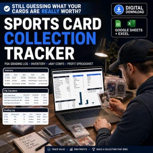 Könnte beinhalten: Ein digitaler Tracker für Sportkartensammlungen auf einem Laptop-Bildschirm mit Tabellen für Inventar, Flip-Rechner und Bewertungsprotokoll, die Daten zu Karten-IDs, Status, Sportarten, Spielern, Teams und Gewinnberechnungen enthalten.