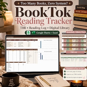 Könnte beinhalten: Eine digitale BookTok-Leseverfolgungsvorlage für Google Sheets und Excel, die auf einem Laptop-Bildschirm angezeigt wird. Die Benutzeroberfläche umfasst ein Lese-Dashboard mit Diagrammen, eine Bibliotheksansicht und eine Liste zu lesender Bücher.