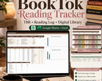 BookTok Reading Tracker Google Sheets Excel, TBR List, Digital Library, Bookshelf View & Reading Log Spreadsheet