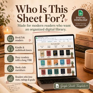 K&ouml;nnte beinhalten: Ein Laptop zeigt eine digitale B&uuml;cherregalvorlage mit Buchcovern. Das Bild enth&auml;lt den Text: "Who Is This Sheet For?" und "Digitaler Download". Es ist f&uuml;r Leser konzipiert, einschlie&szlig;lich BookTok-Benutzer und diejenigen, die Statistiken lieben.