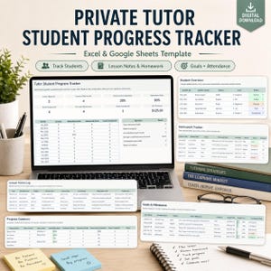 Könnte beinhalten: Ein Laptop zeigt eine Vorlage zur Schülerfortschrittsverfolgung. Der Text lautet "PRIVATE TUTOR STUDENT PROGRESS TRACKER" und "Excel & Google Sheets Template". Es gibt Haftnotizen mit motivierenden Sätzen und einen Stapel Bücher.