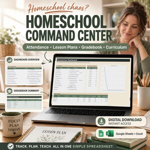 Planificateur d'enseignement à domicile (Google Sheets et Excel), suivi des présences, planification des leçons, carnet de notes et suivi du programme scolaire
