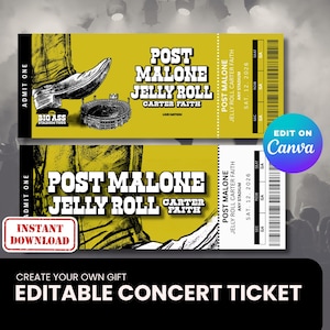 Puede incluir: Dos entradas para un concierto con fondo amarillo. Las entradas presentan el texto "POST MALONE JELLY ROLL CARTER FAITH" y un gráfico de una bota y un estadio. Las entradas son para un concierto el sábado 12 de diciembre de 2026.