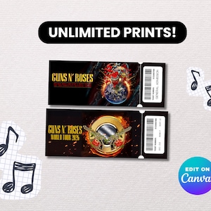 May include: Two concert tickets for Guns N' Roses World Tour 2026, featuring a black and gold design with the band's logo and imagery. The tickets have a barcode and the text "GENERAL ADMISSION". The image also includes the text "UNLIMITED PRINTS!"