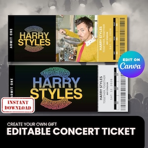 Puede incluir: Dos entradas para un concierto con el texto "HARRY STYLES TOGETHER". Una entrada es amarilla con una foto de Harry Styles. La otra entrada es negra con un logotipo de arcoíris. Las entradas están etiquetadas como "EDITABLE CONCERT TICKET".