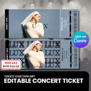 May include: Two concert tickets with a light blue background feature a woman in white. The tickets read "ROSALÍA LUX TOUR 2026" and "EDITABLE CONCERT TICKET". The tickets have a black border and a barcode.