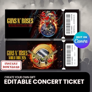 May include: Two Guns N' Roses concert tickets. The top ticket features a monster over a globe, the bottom ticket has a gold emblem with guns and roses. Text includes "World Tour 2026" and "Instant Download."