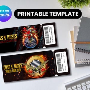 May include: Printable template featuring two black Guns N' Roses concert tickets. One ticket displays a globe with a skull and roses, the other shows a gold emblem with guns and roses. The tickets include the text "World Tour 2026".