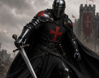 Puede incluir: Un caballero con armadura de placas negra completa y una túnica negra con un emblema de cruz roja. El caballero lleva una capa oscura y sostiene una larga espada de acero en una mano. La armadura incluye un casco con visera y cota de malla.