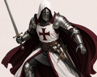 Puede incluir: Un caballero con armadura completa, sosteniendo una espada. El caballero viste una túnica blanca con una gran cruz roja, una capa roja y un casco plateado. La armadura es detallada y el caballero está en posición de combate.