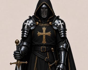 Conjunto de armadura medieval de caballero negro con cruz dorada, disfraz de cruzado, capa con capucha, opción de cota de malla, atuendo para LARP.
