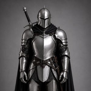 May include: A full suit of polished silver metal plate armor featuring a T-shaped visor helmet, articulated shoulder and arm guards, and greaves. A long black cape is fastened at the shoulders, and a long sword is strapped to the back.